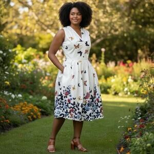 Bella Poque Dress 2XL Butterfly Floral Pockets A-line Cottagecore Rockabilly VTG